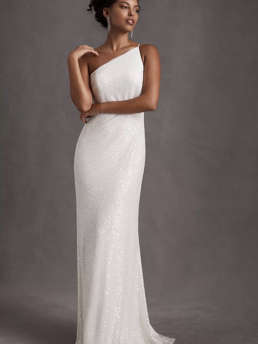 Jenny Yoo White One-Shoulder Sequin Gown